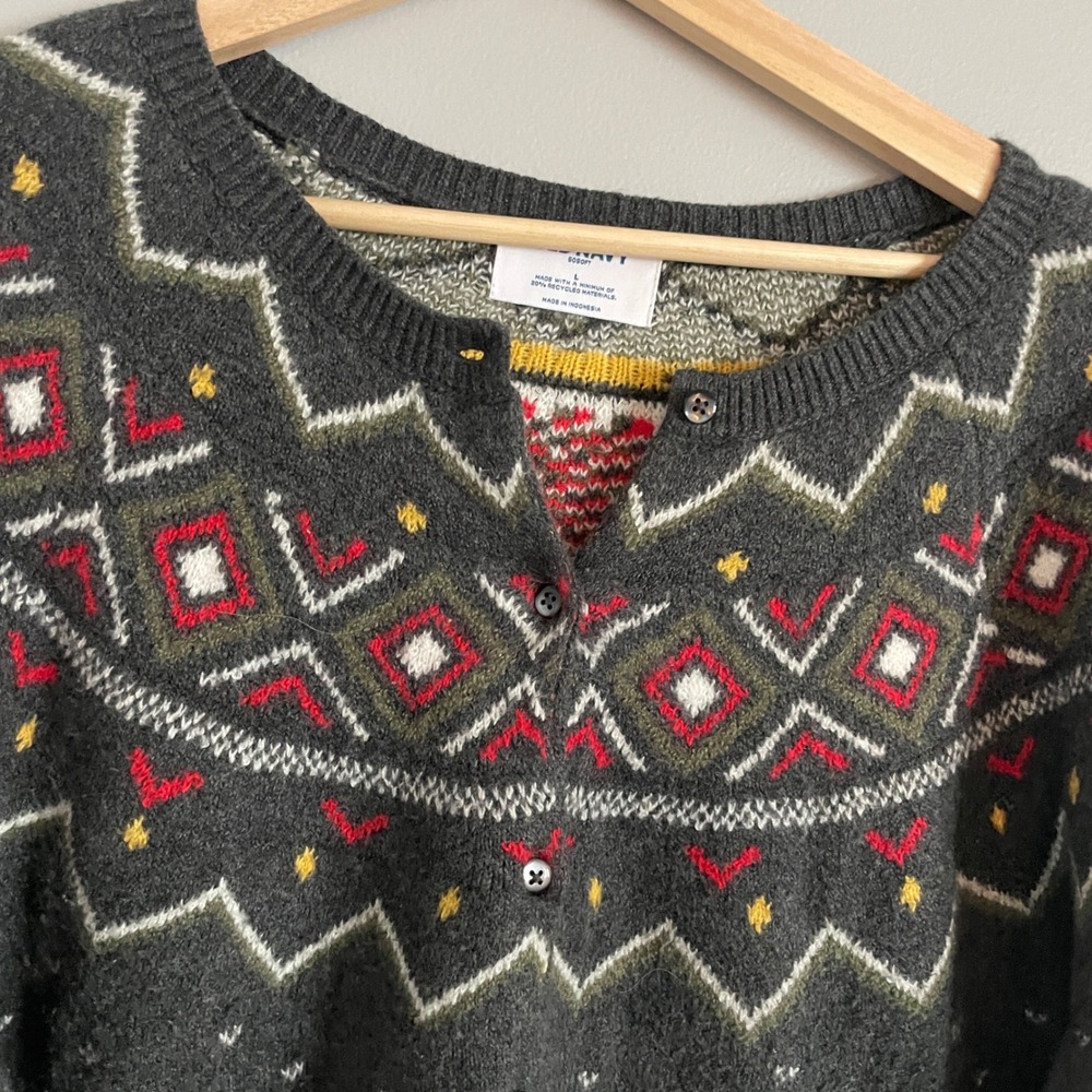 Old Navy Cardigan Sweater Womens L Gray Fair Isle Cozy SoSoft Knit Cabin Core
